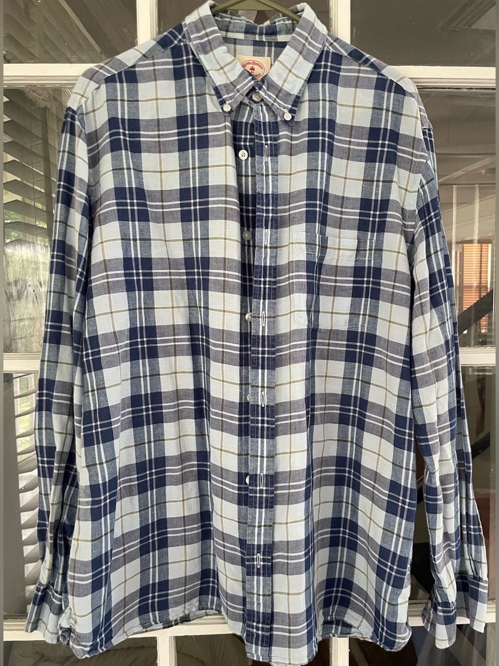 Brooks Brothers Button Down Shirt Men’s XL Linen Cotton Blue Plaid